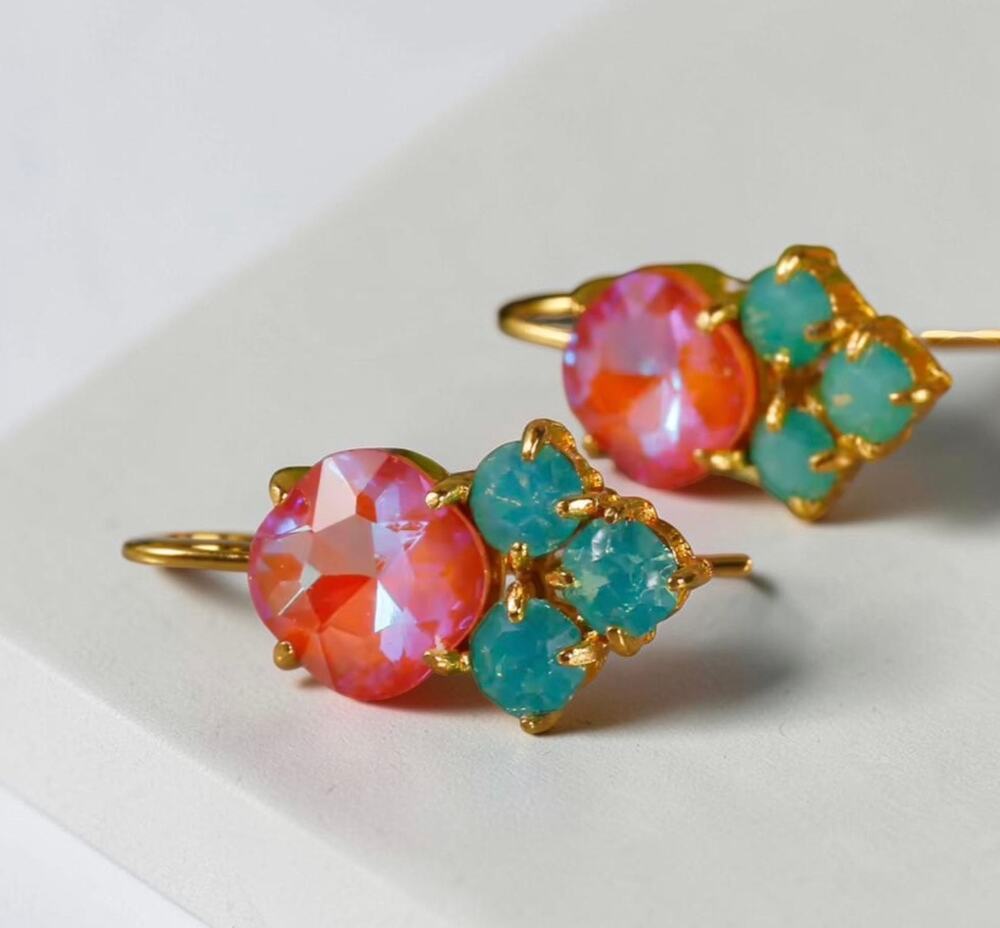 Anthropologie stone gold dangle earrings mint green crystal pink opal